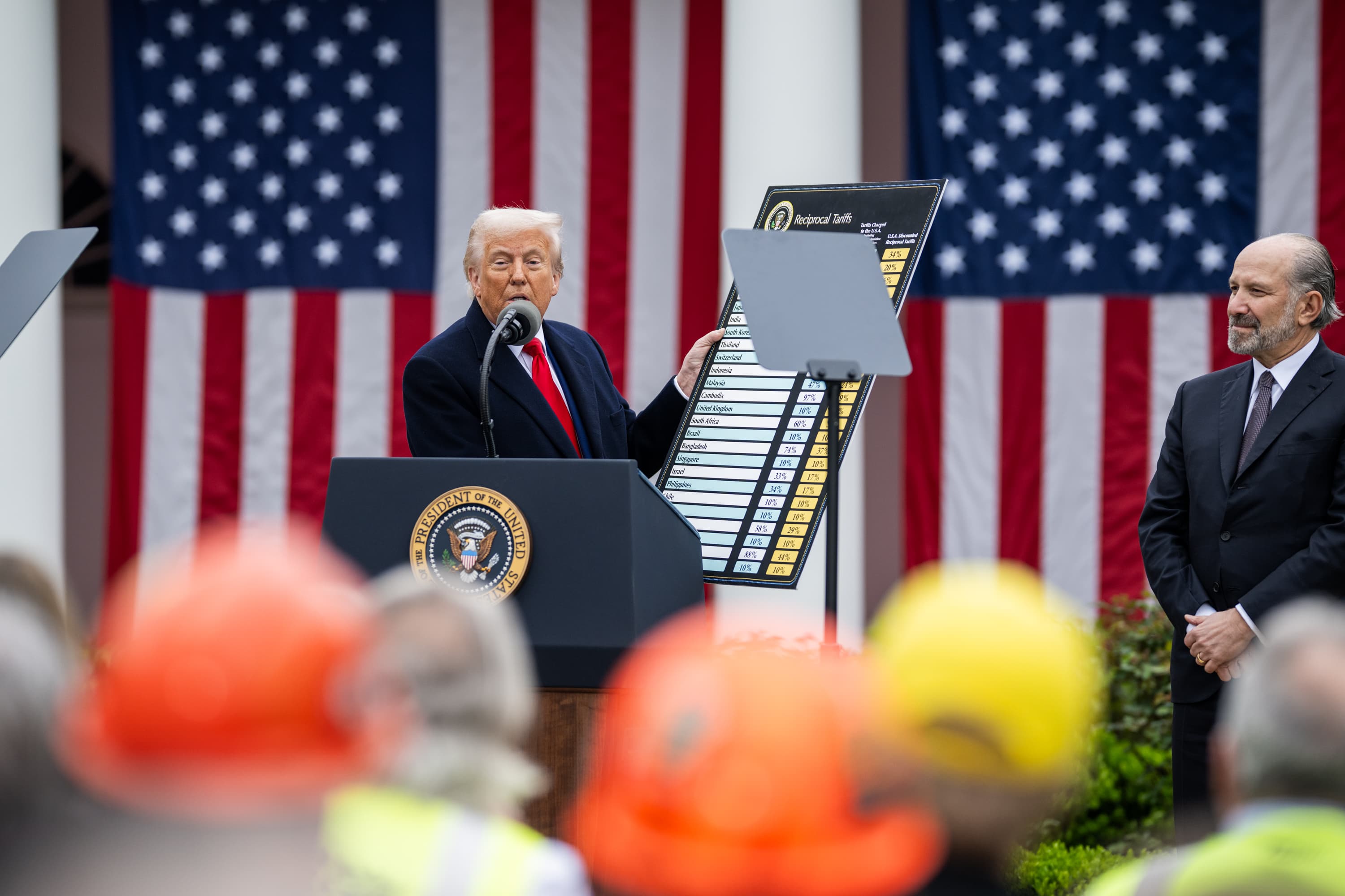 President Trump displaying a chart of reciprocal tariffs at a White House event