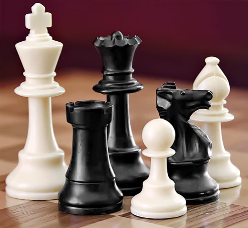 Chess king, queen, rook, knight, bishop and pawn standing on a wooden board