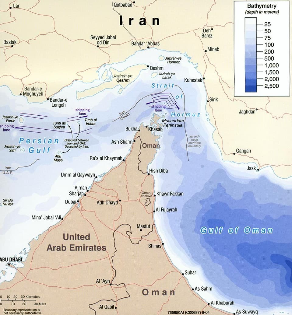 Map of the Strait of Hormuz showing the narrow shipping lanes between Iran and the Musandam Peninsula