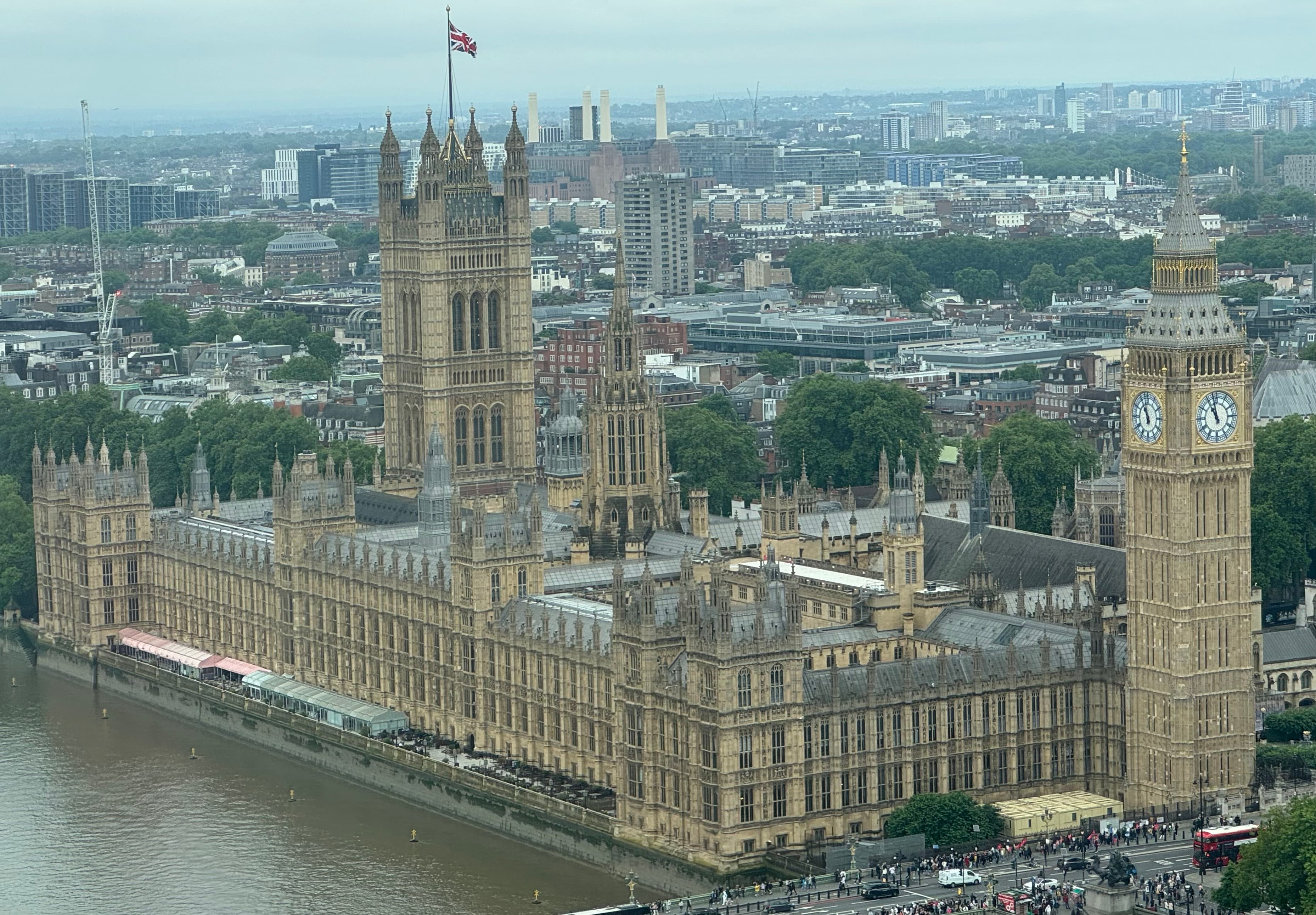 The Palace of Westminster on the Thames, photographed from the London Eye in July 2024