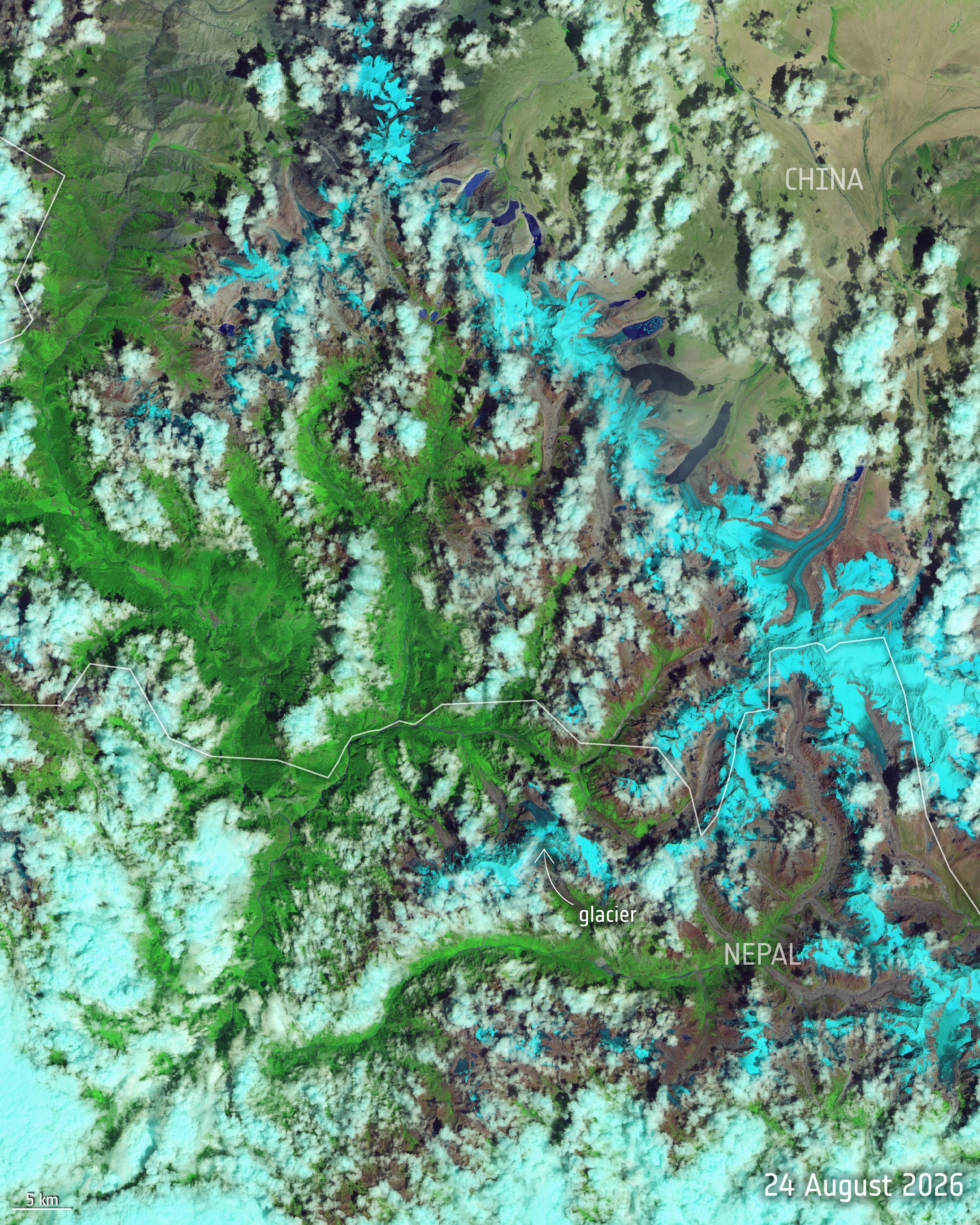 Satellite view of the August 2026 debris flow and flood path along the Trishuli valley in Nepal after the Langtang glacier collapse